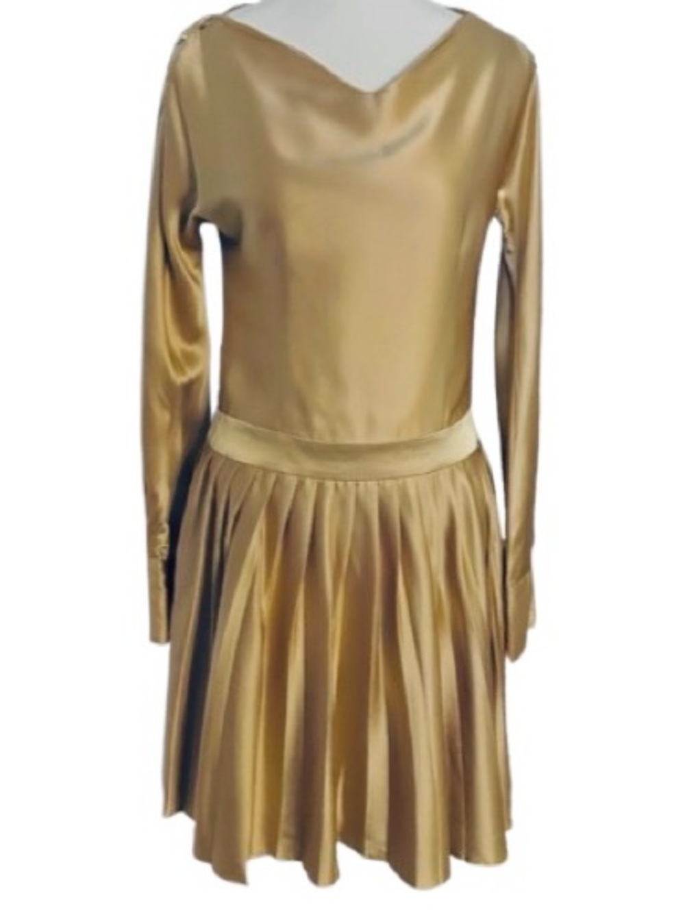 NWT 100% Silk B. ENCORE Metallic Gold Dress Cocktail Pleated Small New